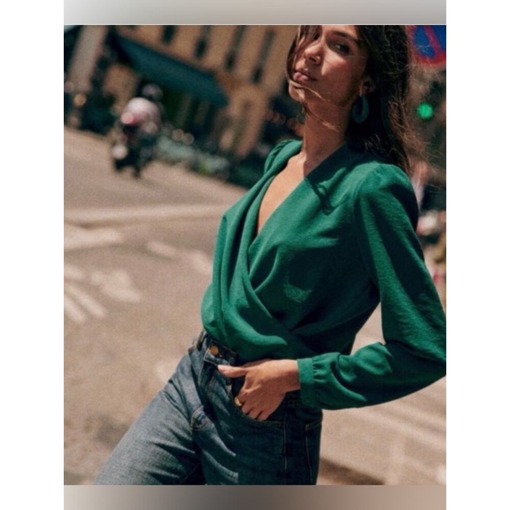Sezane Abelia Blouse Size 2 Bottle Green Wrap French Casual